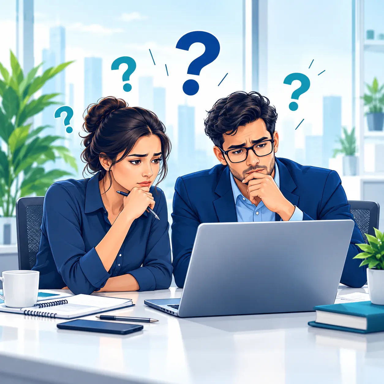 Professional looking at a laptop with question marks