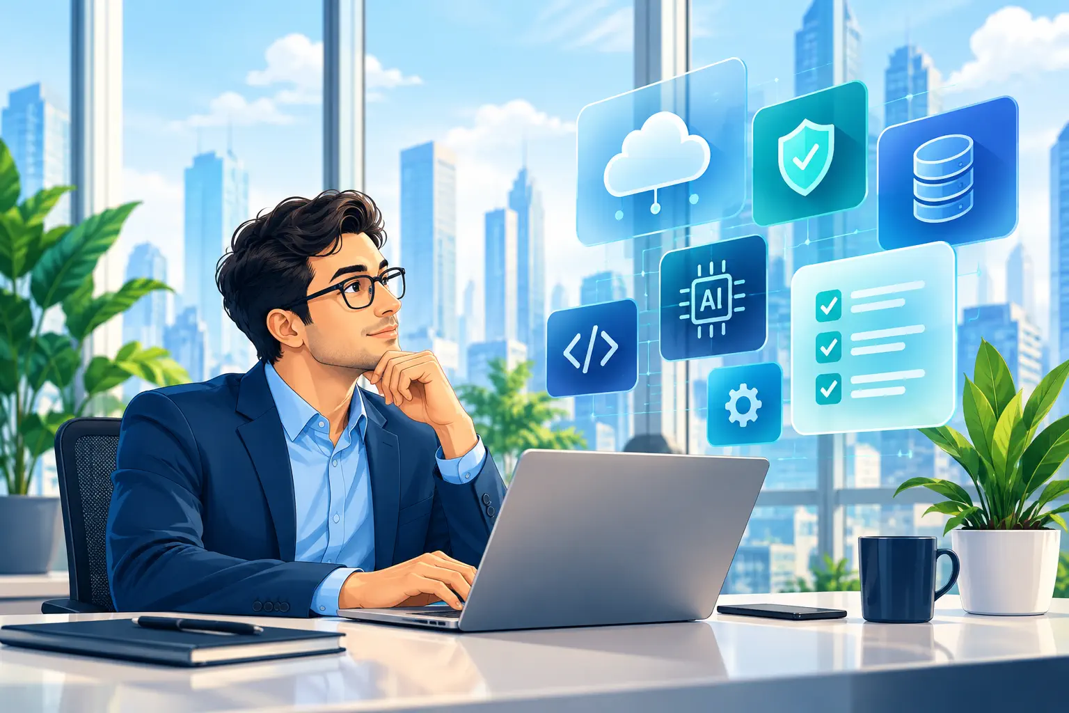Technology dashboard with a professional and labels for security, data, compliance and AI